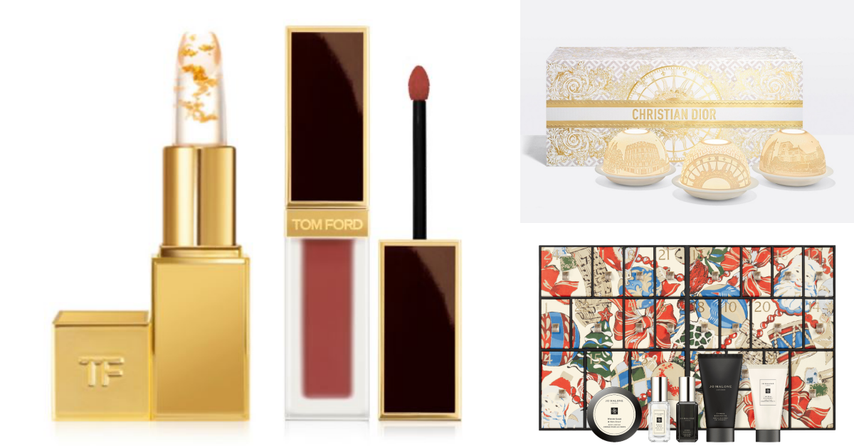 TOM FORD 絨霜唇萃金箔唇膏組 推薦價4,085元（左，DIAMOND TOWERS）、迪奧香氛世家 迪奧香氛世家系列- 透光瓷香氛燭台禮盒（* NEW新品上市，DIAMOND TOWERS）推薦價16,000 元（右上，DIAMOND TOWERS）、JO MALONE LONDON 璀璨復古派對 25天倒數月曆 推薦價17,400元（右下，DIAMOND TOWERS）